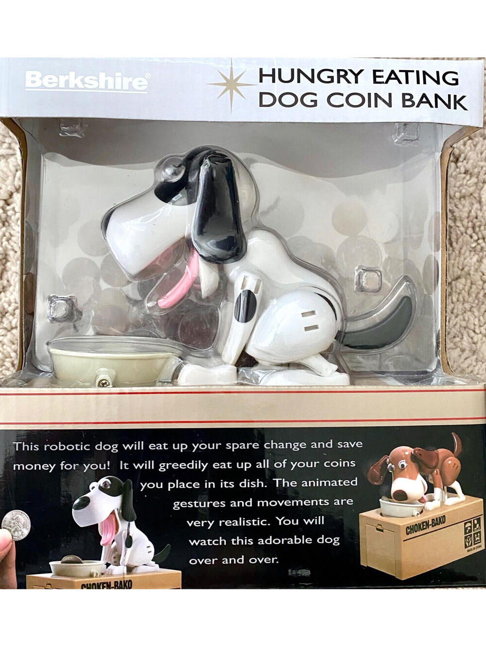 NEW Berkshire Hungry Eating Dog Coin Bank Money Saving Box Piggy Bank - Blk/Whte